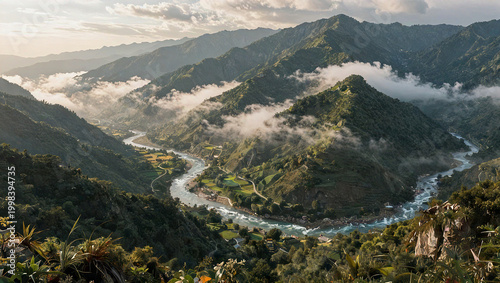 Panoramic Mountain Range with Winding River and Golden Hour Clouds