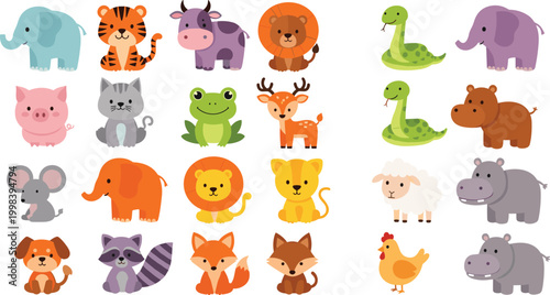 Cute animals cartoon set with safari and farm wildlife characters kawaii vector illustration