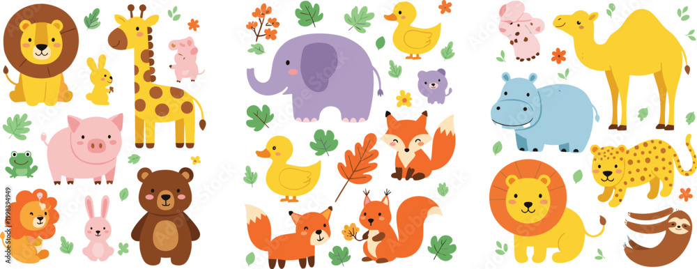 Naklejka premium Cute cartoon animal collection with jungle and farm animals, colorful kids characters including lion, elephant, fox, giraffe, camel and bear vector illustration