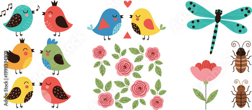 Cute birds and flowers cartoon set with singing birds roses dragonfly and insects vector illustration