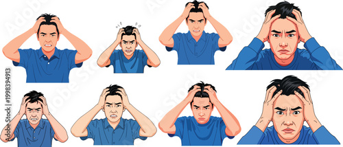 Stressed Man Holding Head Cartoon Vector Icons Set