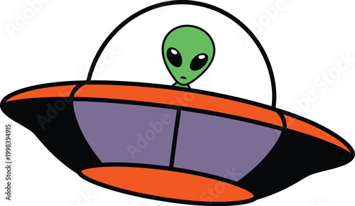 Cartoon Green Alien Piloting Orange and Purple UFO Illustration