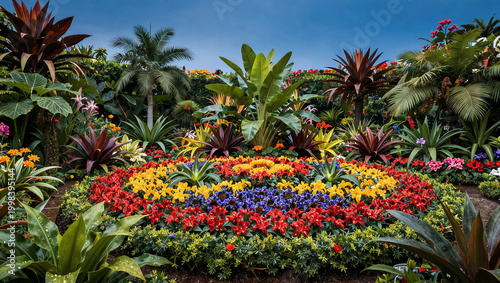 Lush Tropical Botanical Garden with Vibrant Floral Arrangement