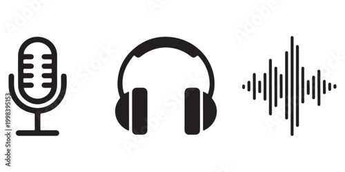 Bold Podcast and Audio Icons Set Featuring Microphone Headphones and Sound Wave Graphic