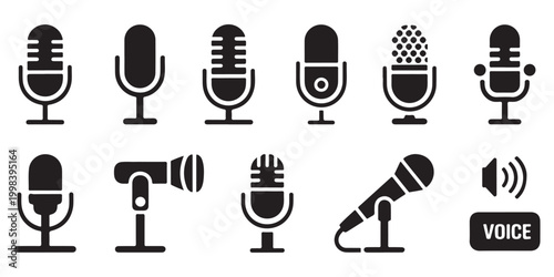 Professional Microphone and Voice Recording Solid Icon Set for Podcast and Broadcasting