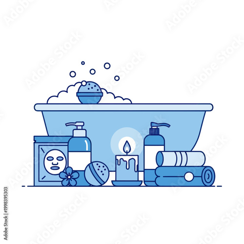 Relaxing Bath Time Spa Scene with Bathtub, Towels, Candle, and Skincare Products