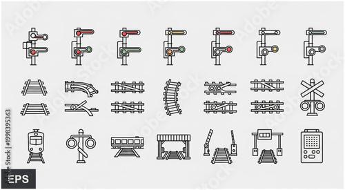 Collection of railway icons depicting various elements of train infrastructure and signaling systems.