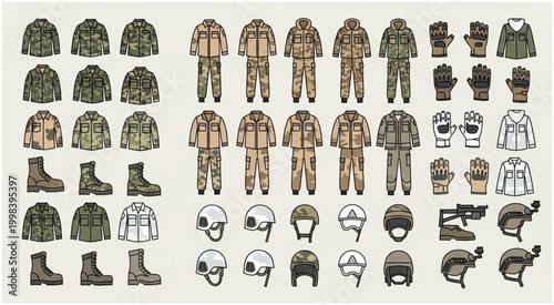 Military Uniforms and Gear Collection - A Comprehensive Illustration.
