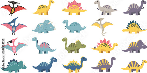 Cute dinosaur collection with different species including stegosaurus, triceratops and pterodactyl, colorful cartoon prehistoric animals vector illustration set isolated on white