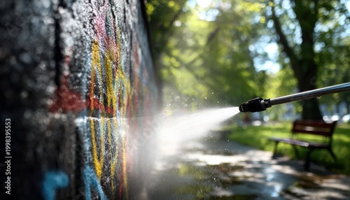 A worker power washes graffiti off a concrete wall in an outdoor park