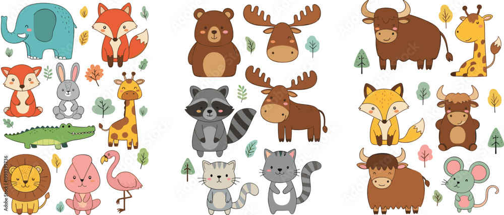 Obraz premium Cute forest and wild animals collection with fox, bear, raccoon, moose, giraffe and buffalo, adorable cartoon wildlife vector illustration set isolated on white