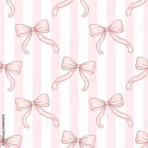 Seamless pink bow striped pattern, cute pastel ribbon background with vertical stripes for nursery textile fabric wallpaper wrapping paper surface design.