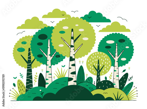 Flat vector illustration of a park with trees and pond
