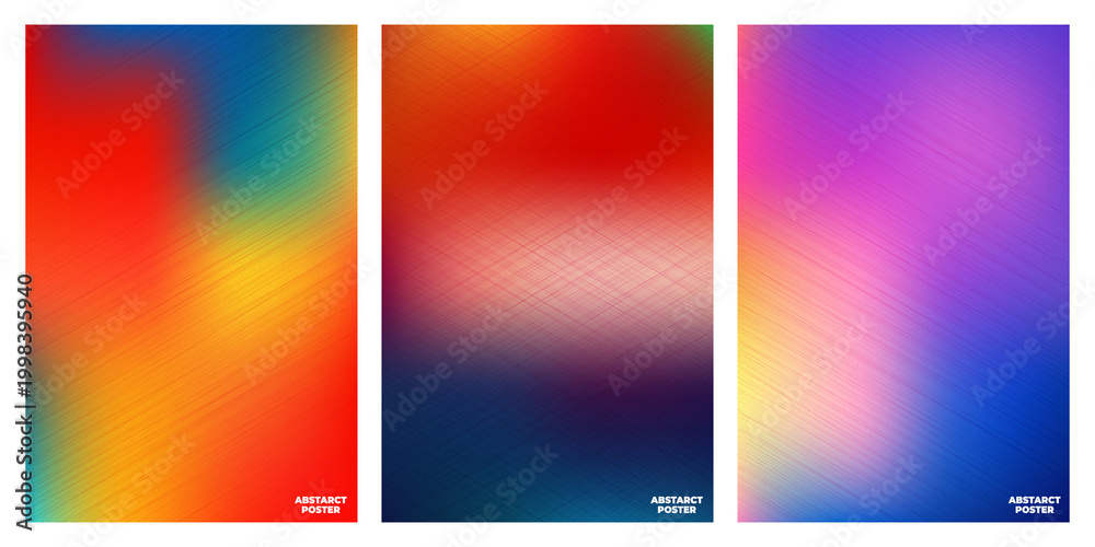 Obraz premium Abstract poster design template set featuring vibrant mesh gradients and textured crosshatch patterns for modern creative visual projects.