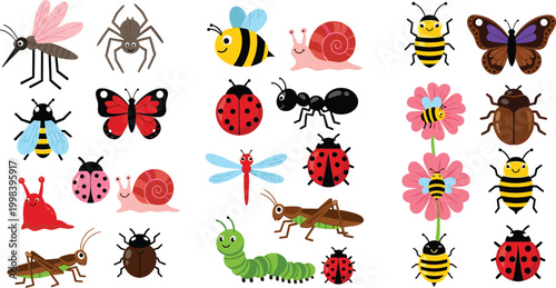 Cute insects cartoon set with butterfly bee ladybug snail and garden bugs vector illustration