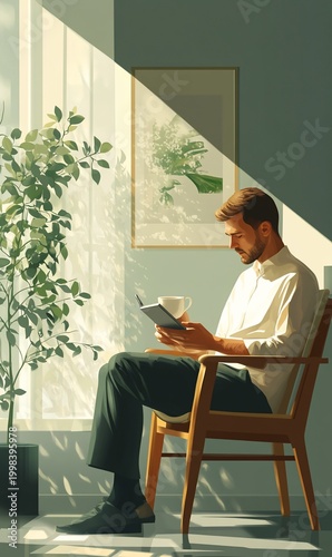 Man reading a book in a sunlit room.
