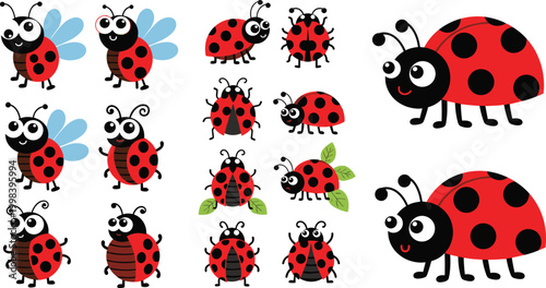 Cute ladybug cartoon set with funny kawaii insects and red spotted bugs vector illustration