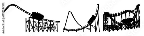 Roller coaster set with dramatic black silhouette on white background featuring amusement park, elevated track, thrilling motion with steel structure and bright illustration