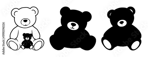 Teddy bear set with black silhouette on white background featuring bold line art, minimalist icon, monochrome design with shapes and outline