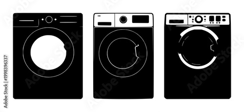 Washing machine set with black silhouette against white background featuring appliance, laundry, domestic with modern and industrial