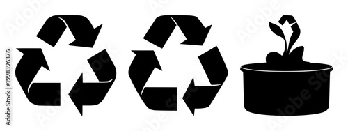 Recycling symbol set with black silhouette on white background featuring recycling, waste, eco-friendly with iconography and sustainability
