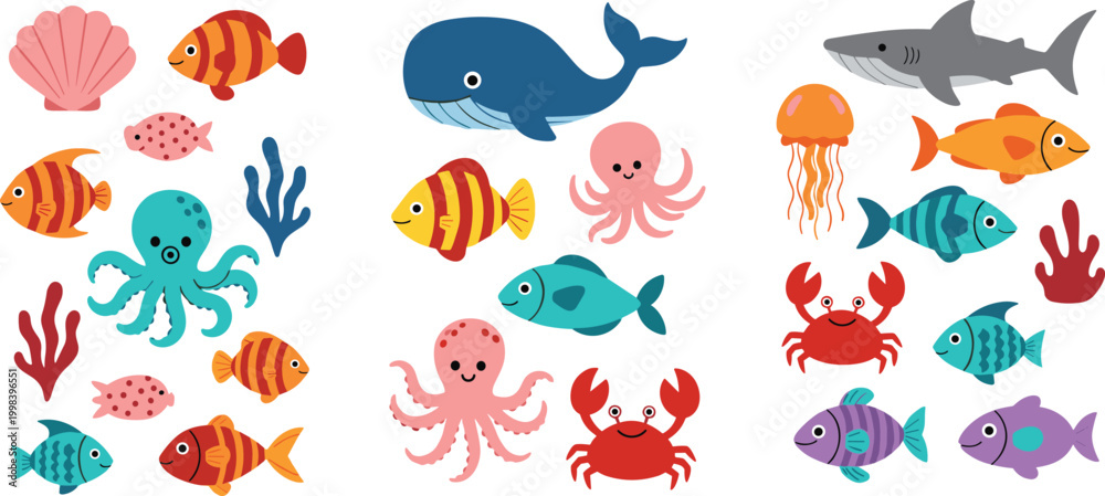 Naklejka premium Cute ocean animals collection with fish, whale, shark, octopus, crab and jellyfish, colorful marine life cartoon vector illustration isolated on white background