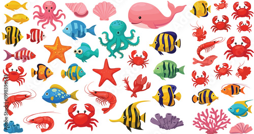 Cute ocean sea life cartoon set with fish crabs shrimp octopus starfish and coral vector illustration
