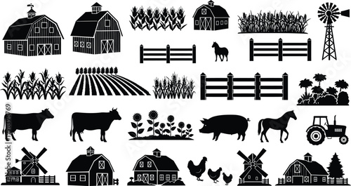 Farm animals and buildings silhouette isolated on transparent background