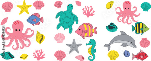 Cute underwater sea animals cartoon set with octopus turtle dolphin fish shells and coral vector illustration