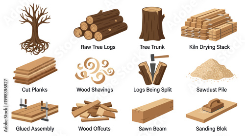 Woodworking process stages from tree to finished product, flat vector art