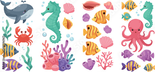 Cute underwater sea life cartoon set with seahorse octopus fish coral and marine animals vector illustration