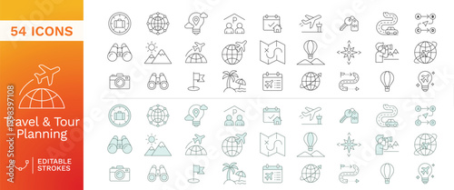Global Travel and Tourism Outline Icons Set featuring Vacation Planning, Transportation, Map Navigation, and Outdoor Sightseeing Editable Stroke Vector Collection