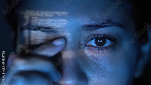 Woman eyes looking at screen closely.