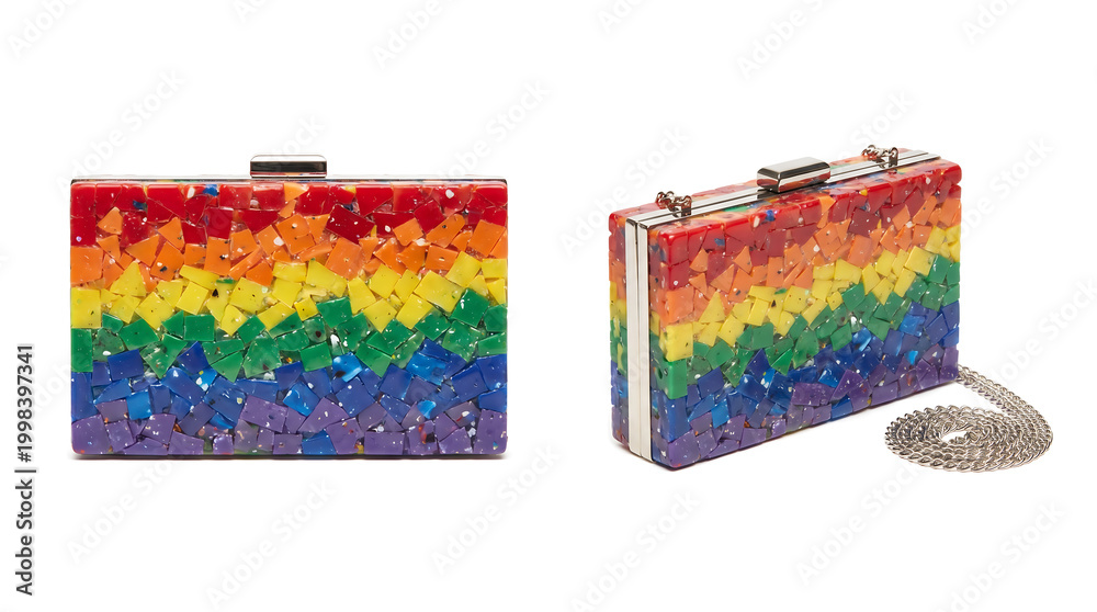 Naklejka premium Sustainable rainbow clutch bag made from recycled plastic, colorful mosaic purse for eco-friendly fashion and pride events, studio shot on white background for retail use.