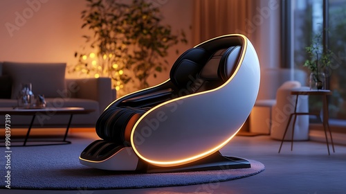 Massage chair in a living room with ambient lighting, for health and relaxation