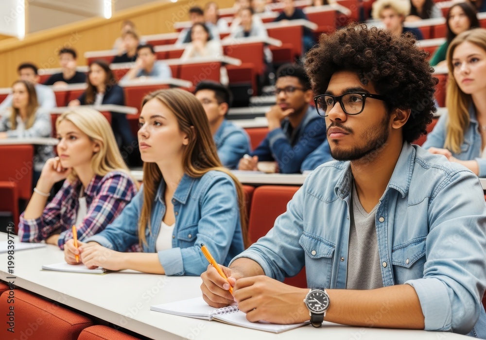 Fototapeta premium Diverse group of university students listens attentively to a lecture in a tiered classroom.
