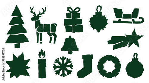 Festive Christmas icons set with tree reindeer sleigh gifts ornaments bell snowflake stocking and star isolated on white background