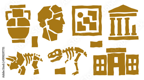 Collection of museum exhibits including ancient pottery dinosaur skeletons and classical architecture icons representing history and education