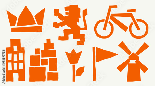 Orange Dutch Icons Collection Featuring Crown Bicycle Windmill Tulip House Lion and Flag Symbols on White Background