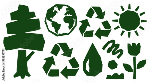 Collection of green eco friendly symbols including a tree planet earth recycling symbols sun water drop and flower on white background