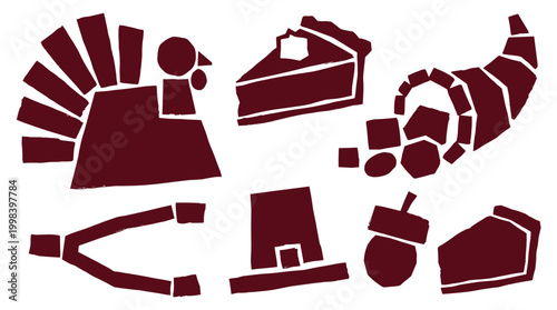 Thanksgiving holiday icons set featuring turkey pie cornucopia acorn and pilgrim hat in flat design style