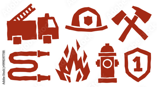 Collection of firefighting equipment and symbols including a fire truck helmet hose flames hydrant and shield representing emergency services and safety