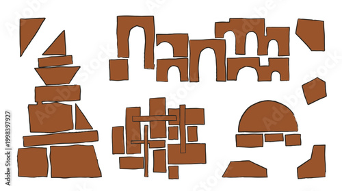 Collection of brown wooden building blocks arranged in various playful structures and shapes, representing early childhood education and creative construction play