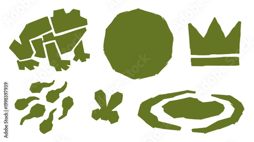Green frog life cycle icons and symbols including tadpoles, frog, lily pad, and crown representing royalty or a prince charming concept