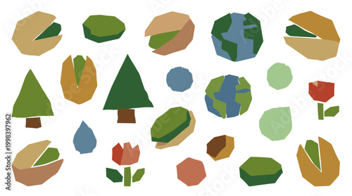 Whimsical flat illustration of pistachios, stylized trees, globes and tulips in a playful, colorful, abstract pattern on a white background