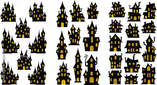 Halloween haunted houses silhouettes collection with spooky buildings, creepy castle shapes and glowing windows, dark cartoon vector illustration set isolated on white background