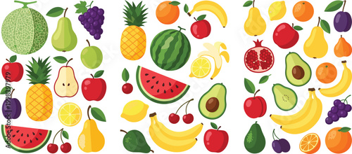 Fresh fruits cartoon set with colorful tropical and healthy food collection vector illustration