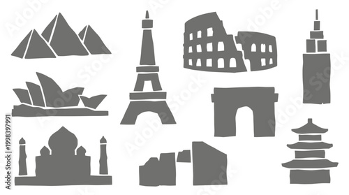 Collection of famous world landmarks and monuments silhouettes representing global travel and iconic destinations for tourism and exploration
