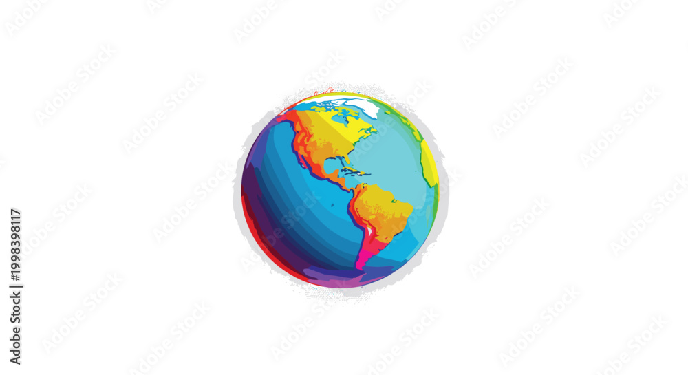 Fototapeta premium A vibrant, colorful depiction of the Earth floats centrally against a speckled white background, showing continents in bright hues.