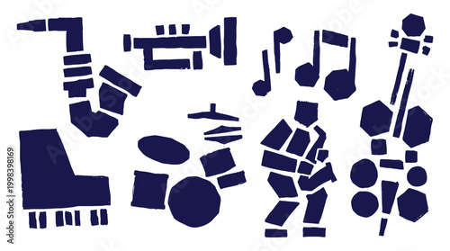 Abstract illustration of musical instruments and musicians in a jazz band, celebrating music and performance with a vibrant, artistic style